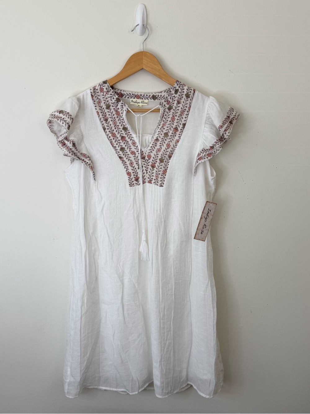 Indigo Rose Boho Woven Peasant Mini Dress Ivory Brown Pink Floral S Small NEW